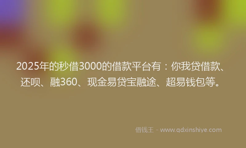 2025年的秒借3000的借款平台有：你我贷借款、还呗、融360、现金易贷宝融途、超易钱包等。