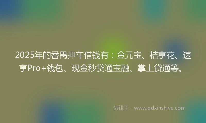 2025年的番禺押车借钱有：金元宝、桔享花、速享Pro+钱包、现金秒贷通宝融、掌上贷通等。