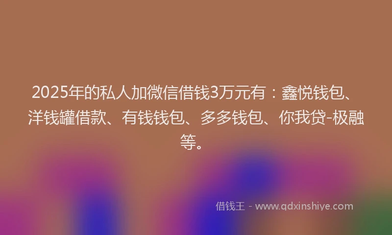 2025年的私人加微信借钱3万元有：鑫悦钱包、洋钱罐借款、有钱钱包、多多钱包、你我贷-极融等。