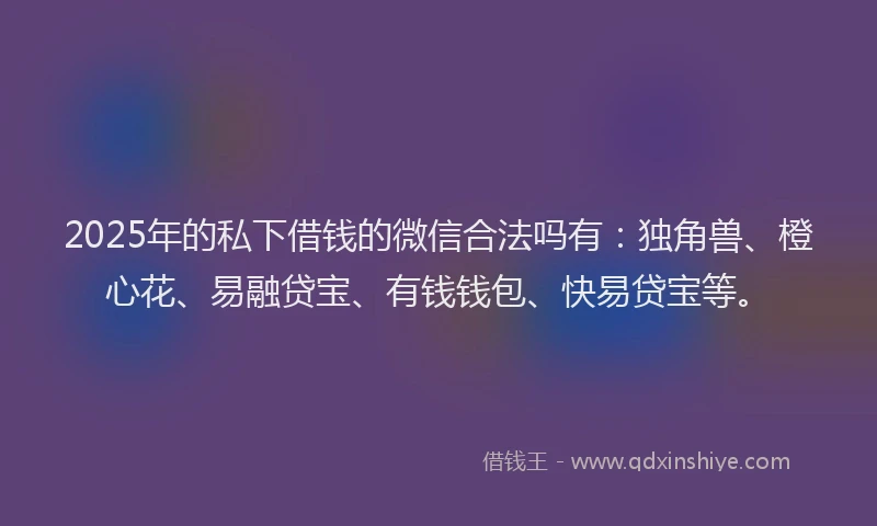 2025年的私下借钱的微信合法吗有：独角兽、橙心花、易融贷宝、有钱钱包、快易贷宝等。
