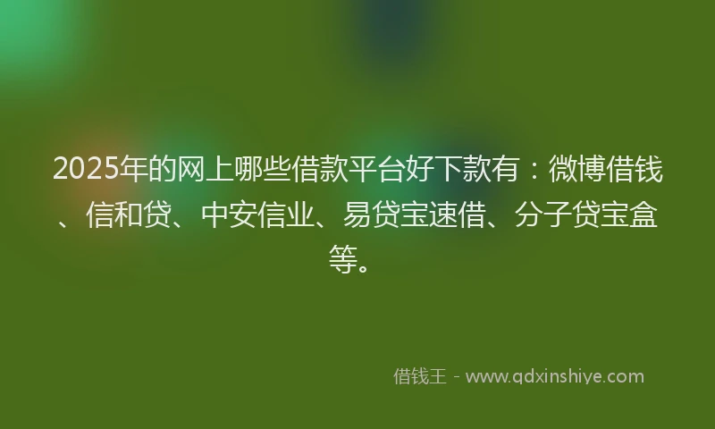 2025年的网上哪些借款平台好下款有：微博借钱、信和贷、中安信业、易贷宝速借、分子贷宝盒等。