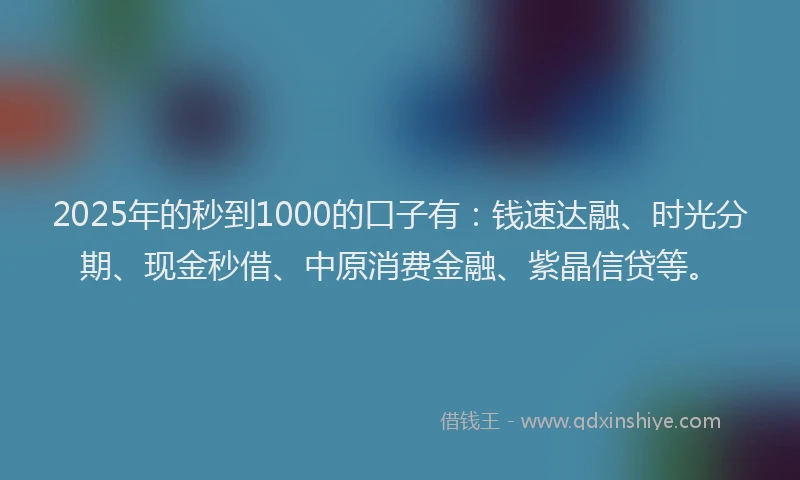 2025年的秒到1000的口子有：钱速达融、时光分期、现金秒借、中原消费金融、紫晶信贷等。