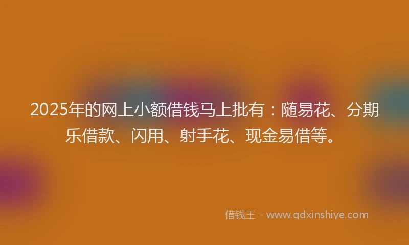 2025年的网上小额借钱马上批有：随易花、分期乐借款、闪用、射手花、现金易借等。