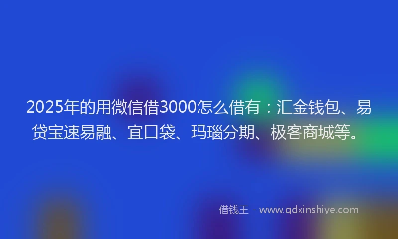 2025年的用微信借3000怎么借有：汇金钱包、易贷宝速易融、宜口袋、玛瑙分期、极客商城等。