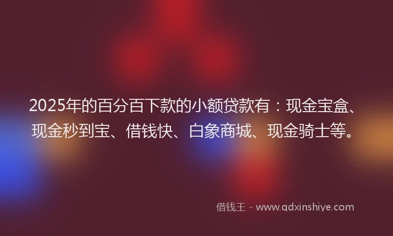 2025年的百分百下款的小额贷款有：现金宝盒、现金秒到宝、借钱快、白象商城、现金骑士等。