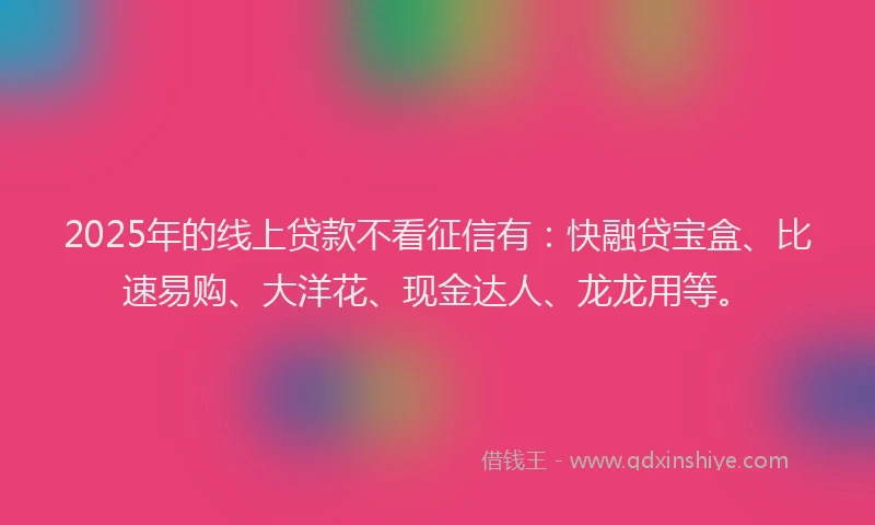 2025年的线上贷款不看征信有：快融贷宝盒、比速易购、大洋花、现金达人、龙龙用等。