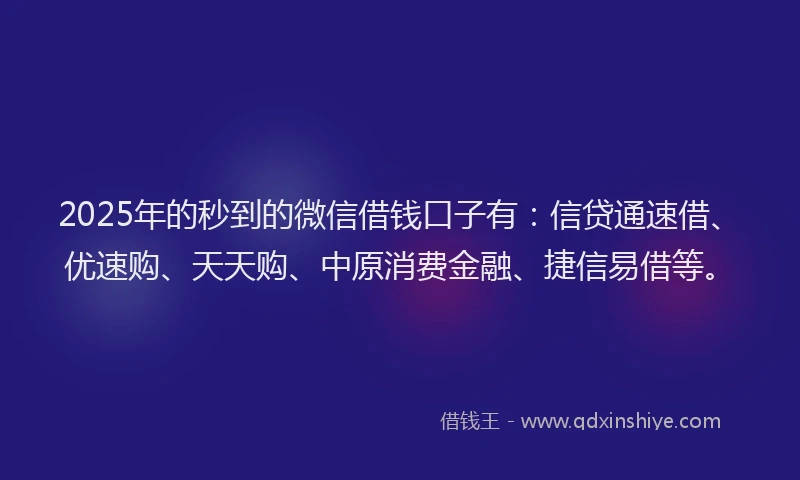 2025年的秒到的微信借钱口子有：信贷通速借、优速购、天天购、中原消费金融、捷信易借等。