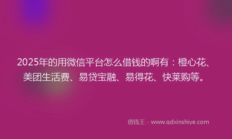 2025年的用微信平台怎么借钱的啊有：橙心花、美团生活费、易贷宝融、易得花、快莱购等。