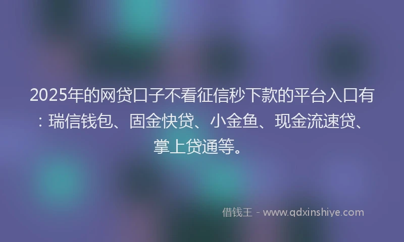 2025年的网贷口子不看征信秒下款的平台入口有：瑞信钱包、固金快贷、小金鱼、现金流速贷、掌上贷通等。