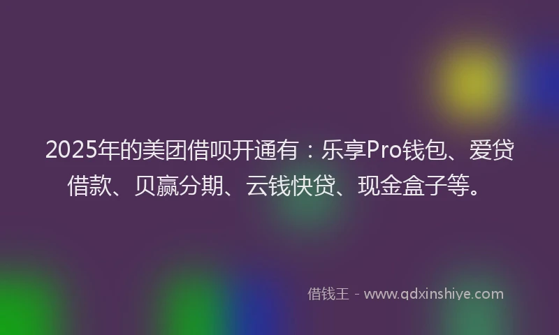 2025年的美团借呗开通有：乐享Pro钱包、爱贷借款、贝赢分期、云钱快贷、现金盒子等。