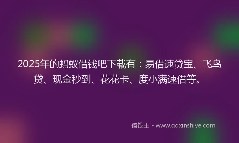 2025年的蚂蚁借钱吧下载有：易借速贷宝、飞鸟贷、现金秒到、花花卡、度小满速借等。