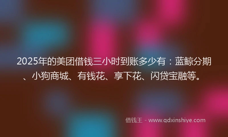 2025年的美团借钱三小时到账多少有：蓝鲸分期、小狗商城、有钱花、享下花、闪贷宝融等。