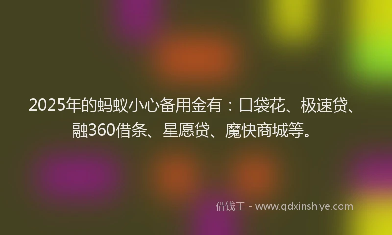 2025年的蚂蚁小心备用金有：口袋花、极速贷、融360借条、星愿贷、魔快商城等。