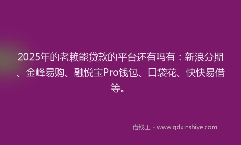 2025年的老赖能贷款的平台还有吗有：新浪分期、金峰易购、融悦宝Pro钱包、口袋花、快快易借等。