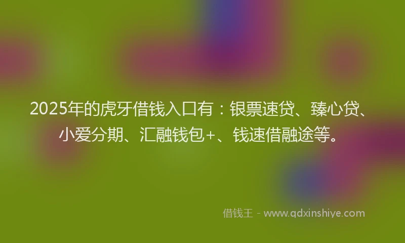 2025年的虎牙借钱入口有：银票速贷、臻心贷、小爱分期、汇融钱包+、钱速借融途等。