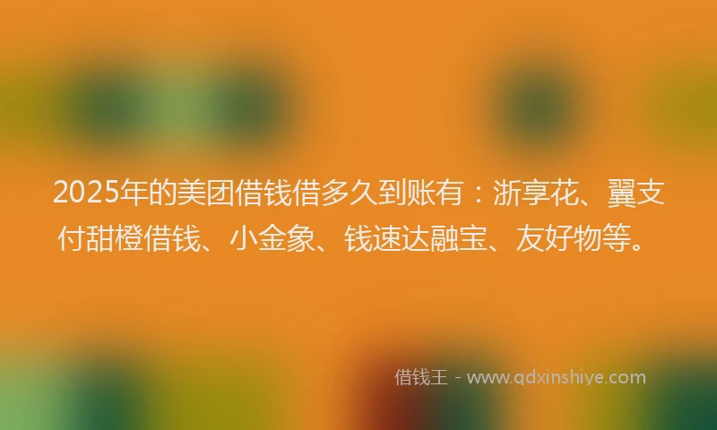2025年的美团借钱借多久到账有：浙享花、翼支付甜橙借钱、小金象、钱速达融宝、友好物等。