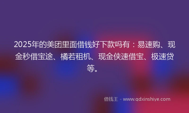 2025年的美团里面借钱好下款吗有：易速购、现金秒借宝途、橘若租机、现金侠速借宝、极速贷等。