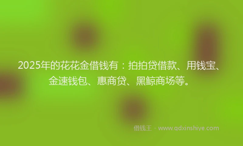 2025年的花花金借钱有：拍拍贷借款、用钱宝、金速钱包、惠商贷、黑鲸商场等。