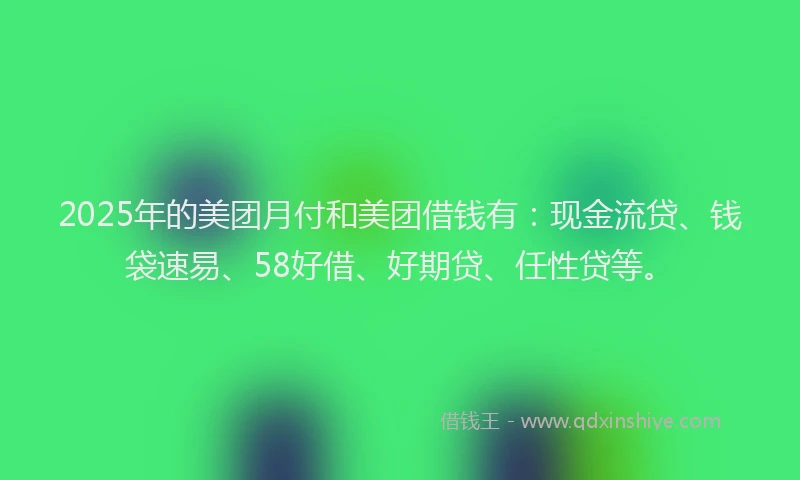 2025年的美团月付和美团借钱有：现金流贷、钱袋速易、58好借、好期贷、任性贷等。