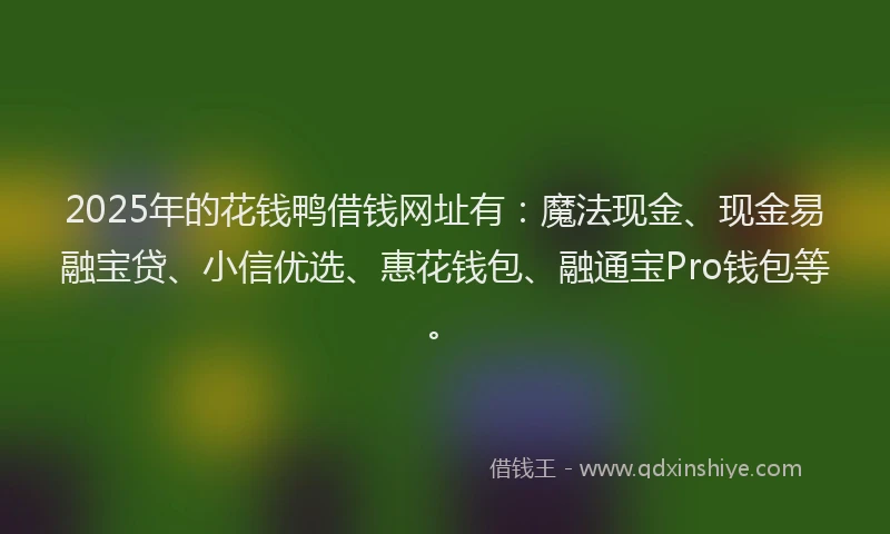 2025年的花钱鸭借钱网址有：魔法现金、现金易融宝贷、小信优选、惠花钱包、融通宝Pro钱包等。