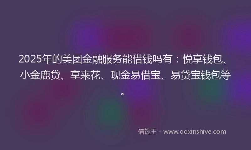 2025年的美团金融服务能借钱吗有：悦享钱包、小金鹿贷、享来花、现金易借宝、易贷宝钱包等。