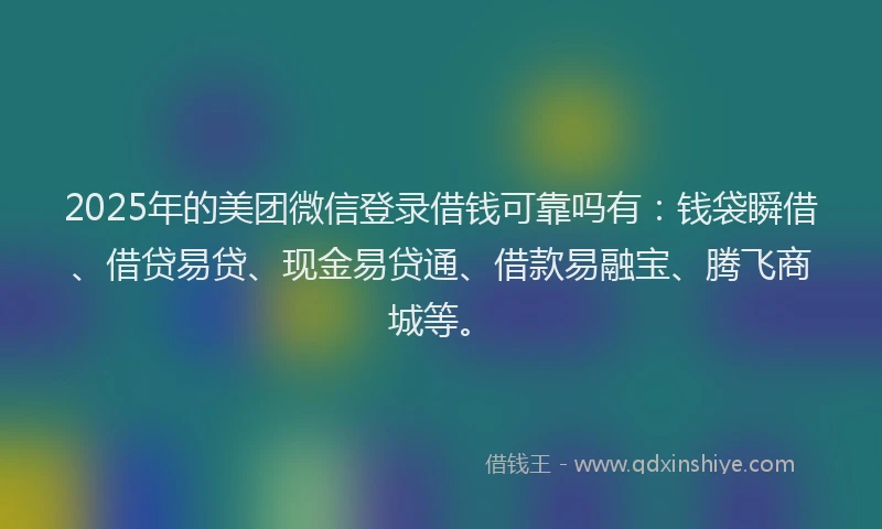 2025年的美团微信登录借钱可靠吗有：钱袋瞬借、借贷易贷、现金易贷通、借款易融宝、腾飞商城等。