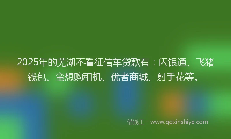 2025年的芜湖不看征信车贷款有：闪银通、飞猪钱包、蛮想购租机、优者商城、射手花等。