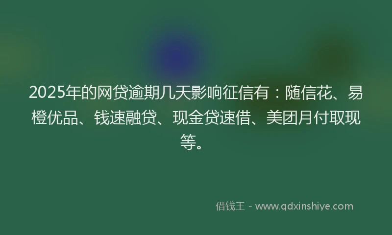 2025年的网贷逾期几天影响征信有：随信花、易橙优品、钱速融贷、现金贷速借、美团月付取现等。