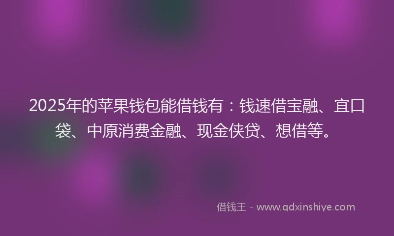 2025年的苹果钱包能借钱有：钱速借宝融、宜口袋、中原消费金融、现金侠贷、想借等。