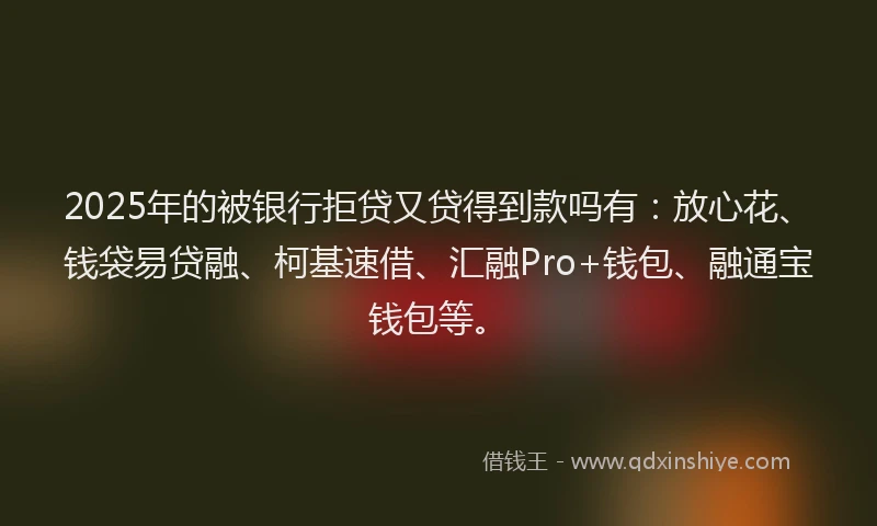 2025年的被银行拒贷又贷得到款吗有：放心花、钱袋易贷融、柯基速借、汇融Pro+钱包、融通宝钱包等。