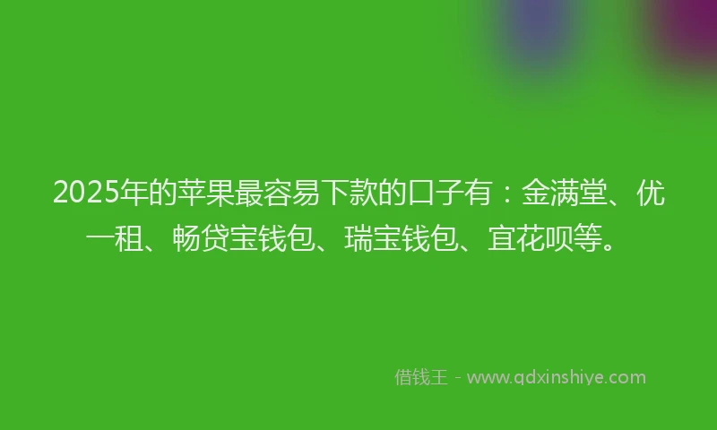 2025年的苹果最容易下款的口子有：金满堂、优一租、畅贷宝钱包、瑞宝钱包、宜花呗等。