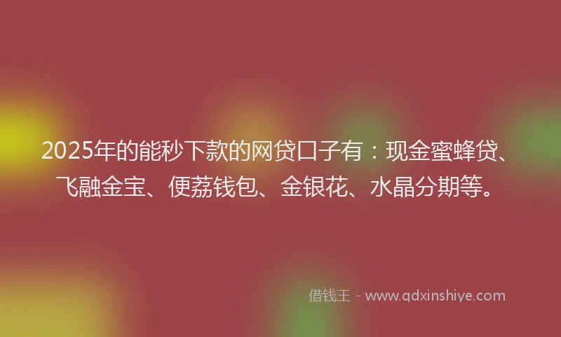 2025年的能秒下款的网贷口子有：现金蜜蜂贷、飞融金宝、便荔钱包、金银花、水晶分期等。