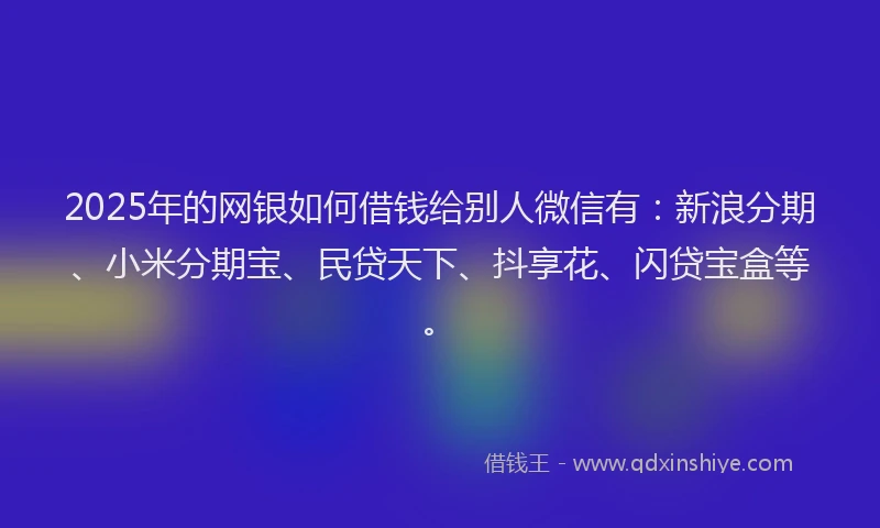 2025年的网银如何借钱给别人微信有：新浪分期、小米分期宝、民贷天下、抖享花、闪贷宝盒等。