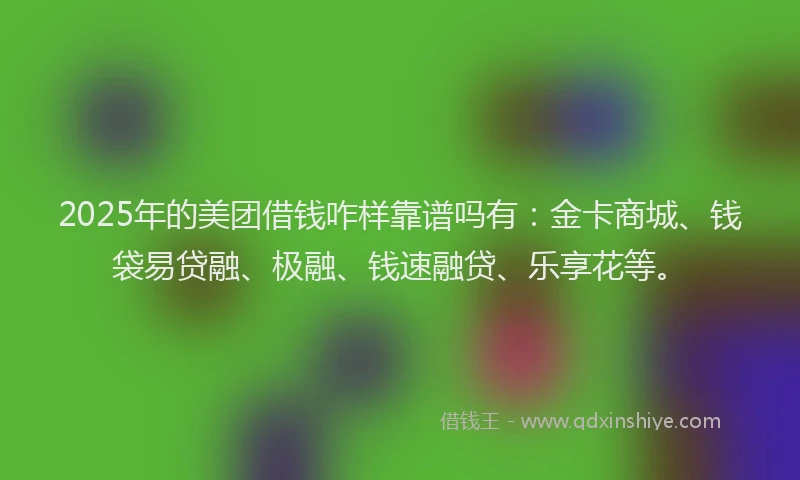 2025年的美团借钱咋样靠谱吗有：金卡商城、钱袋易贷融、极融、钱速融贷、乐享花等。
