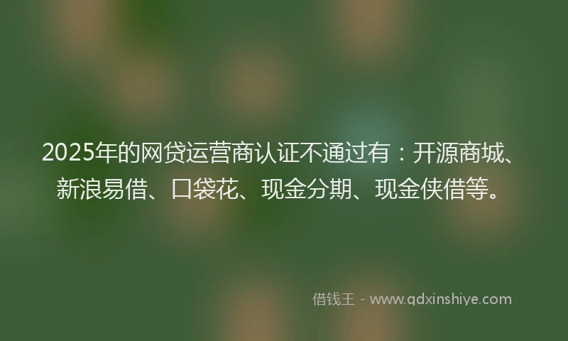 2025年的网贷运营商认证不通过有：开源商城、新浪易借、口袋花、现金分期、现金侠借等。
