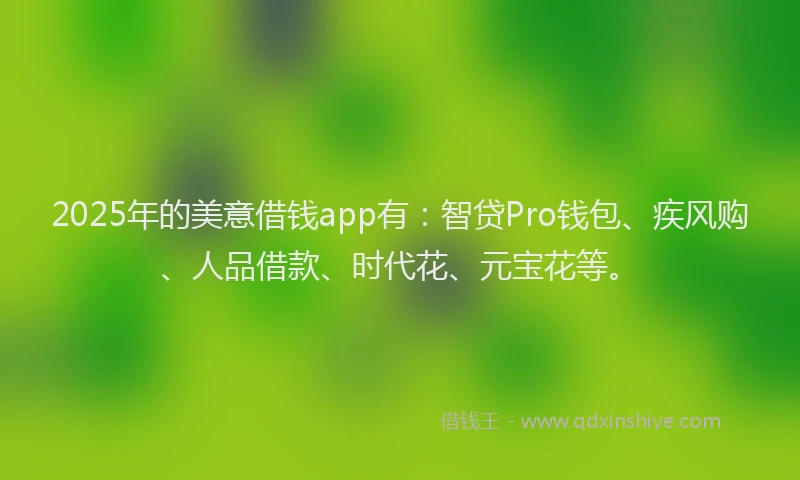 2025年的美意借钱app有：智贷Pro钱包、疾风购、人品借款、时代花、元宝花等。
