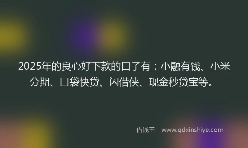 2025年的良心好下款的口子有：小融有钱、小米分期、口袋快贷、闪借侠、现金秒贷宝等。