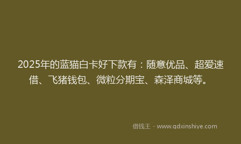 2025年的蓝猫白卡好下款有：随意优品、超爱速借、飞猪钱包、微粒分期宝、森泽商城等。