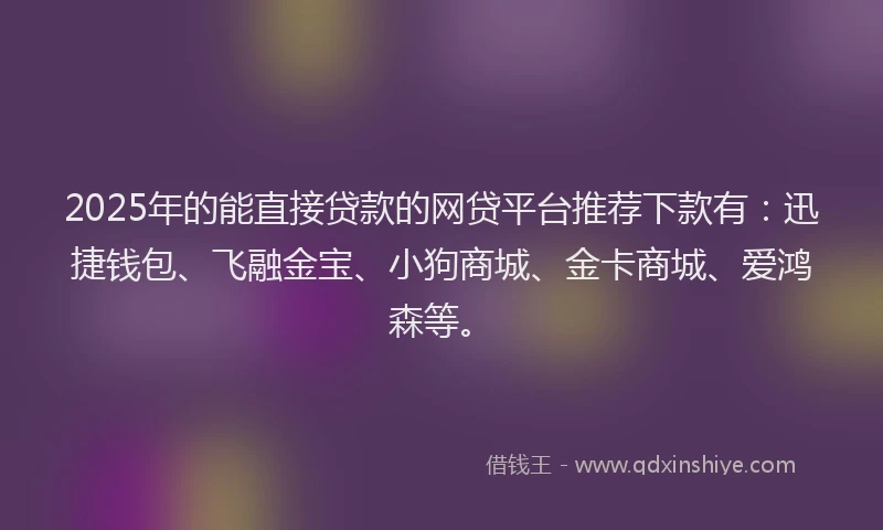 2025年的能直接贷款的网贷平台推荐下款有：迅捷钱包、飞融金宝、小狗商城、金卡商城、爱鸿森等。