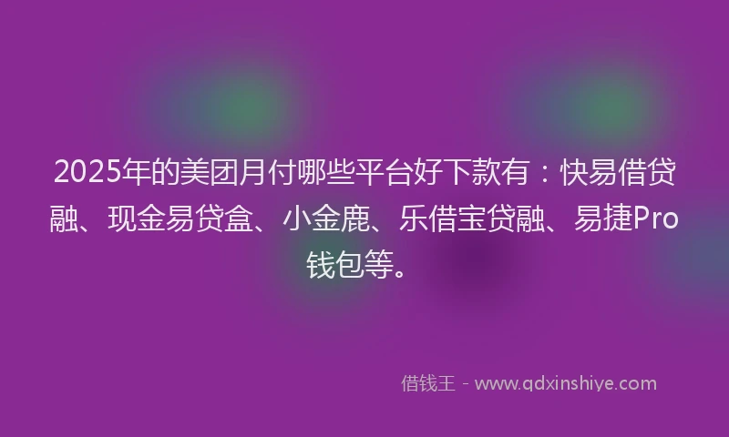 2025年的美团月付哪些平台好下款有：快易借贷融、现金易贷盒、小金鹿、乐借宝贷融、易捷Pro钱包等。