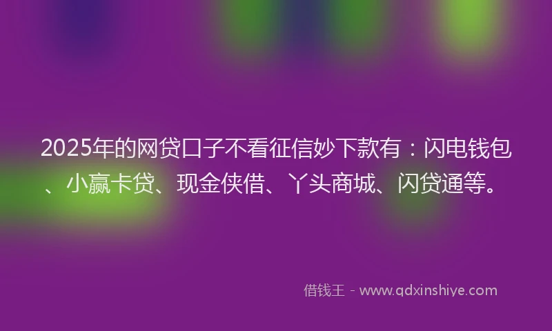 2025年的网贷口子不看征信妙下款有：闪电钱包、小赢卡贷、现金侠借、丫头商城、闪贷通等。