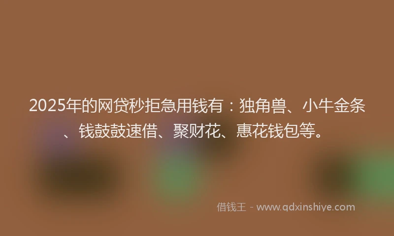 2025年的网贷秒拒急用钱有：独角兽、小牛金条、钱鼓鼓速借、聚财花、惠花钱包等。