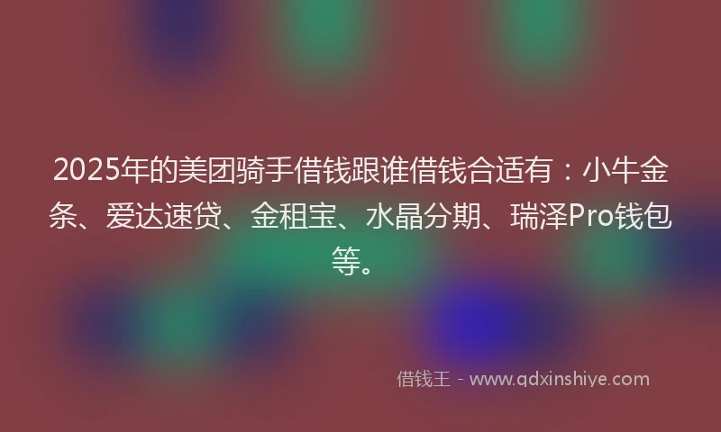 2025年的美团骑手借钱跟谁借钱合适有：小牛金条、爱达速贷、金租宝、水晶分期、瑞泽Pro钱包等。