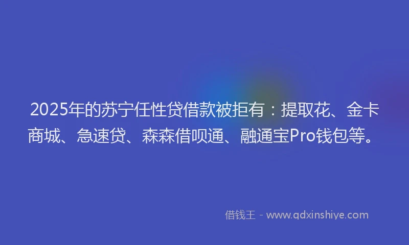 2025年的苏宁任性贷借款被拒有：提取花、金卡商城、急速贷、森森借呗通、融通宝Pro钱包等。
