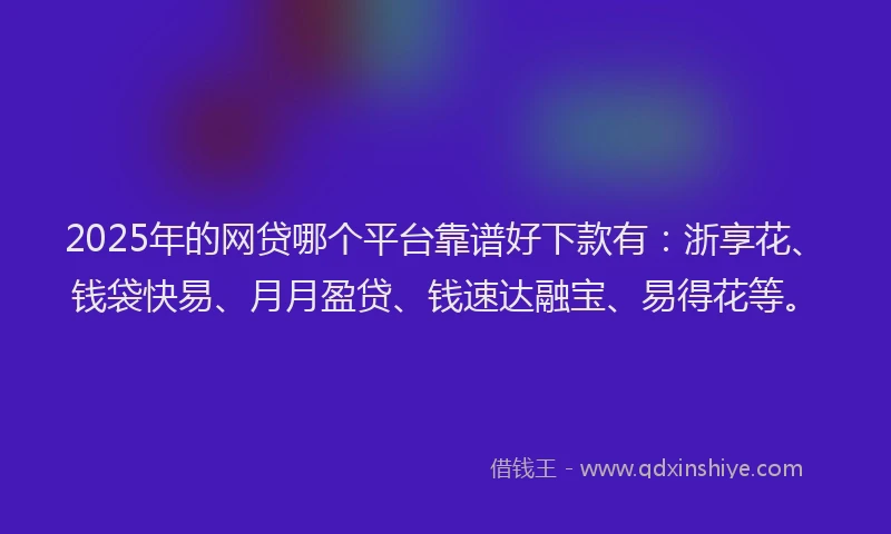 2025年的网贷哪个平台靠谱好下款有：浙享花、钱袋快易、月月盈贷、钱速达融宝、易得花等。