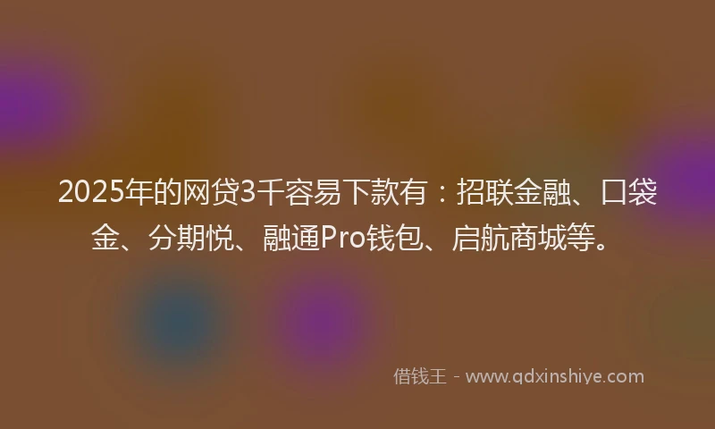 2025年的网贷3千容易下款有：招联金融、口袋金、分期悦、融通Pro钱包、启航商城等。