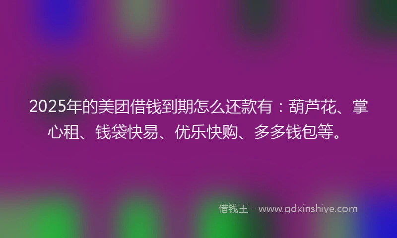 2025年的美团借钱到期怎么还款有：葫芦花、掌心租、钱袋快易、优乐快购、多多钱包等。