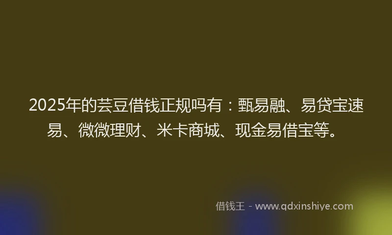 2025年的芸豆借钱正规吗有：甄易融、易贷宝速易、微微理财、米卡商城、现金易借宝等。