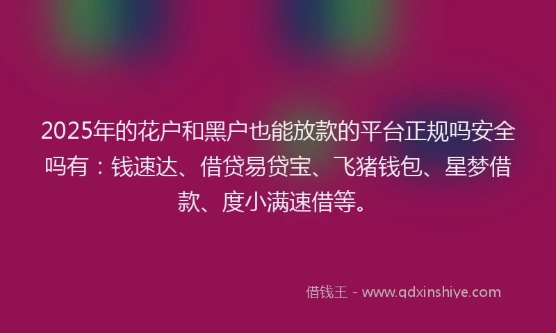 2025年的花户和黑户也能放款的平台正规吗安全吗有：钱速达、借贷易贷宝、飞猪钱包、星梦借款、度小满速借等。