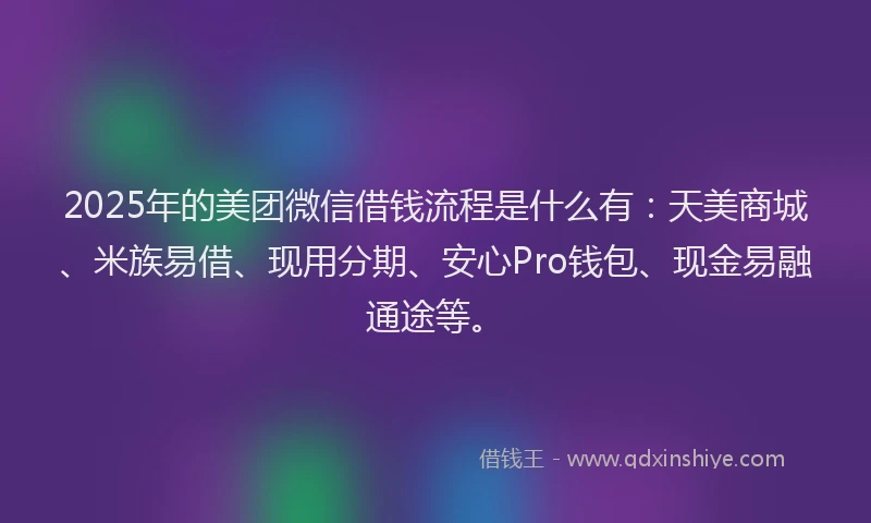 2025年的美团微信借钱流程是什么有：天美商城、米族易借、现用分期、安心Pro钱包、现金易融通途等。